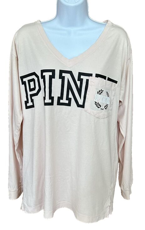 PINK Tops - Victoria’s Secret PINK Spell-Out V-Neck Long Sleeve Pale Pink Shirt Size Small